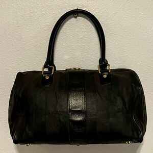 FENDI Vintage Pequin Stripe Black Boston Bag Leather & Coated Canvas VTG